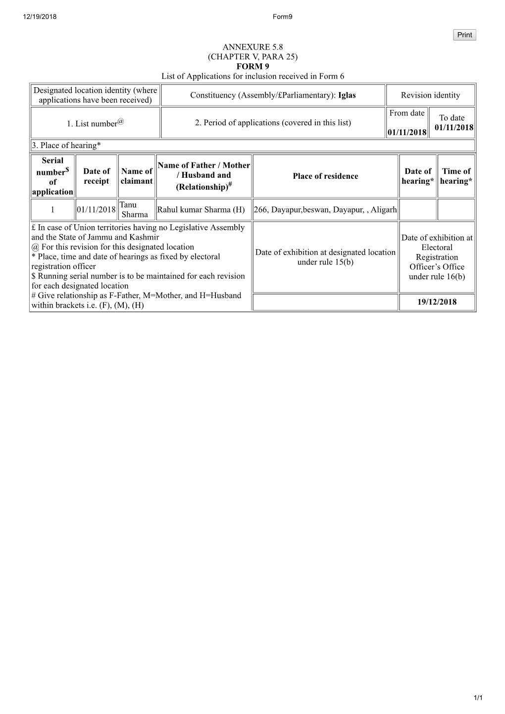 ANNEXURE 5.8 (CHAPTER V, PARA 25) FORM 9 List of Applications For