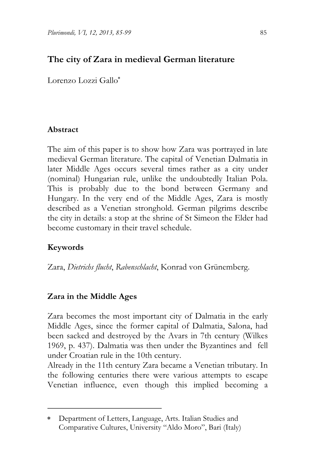 The City of Zara in Medieval German Literature