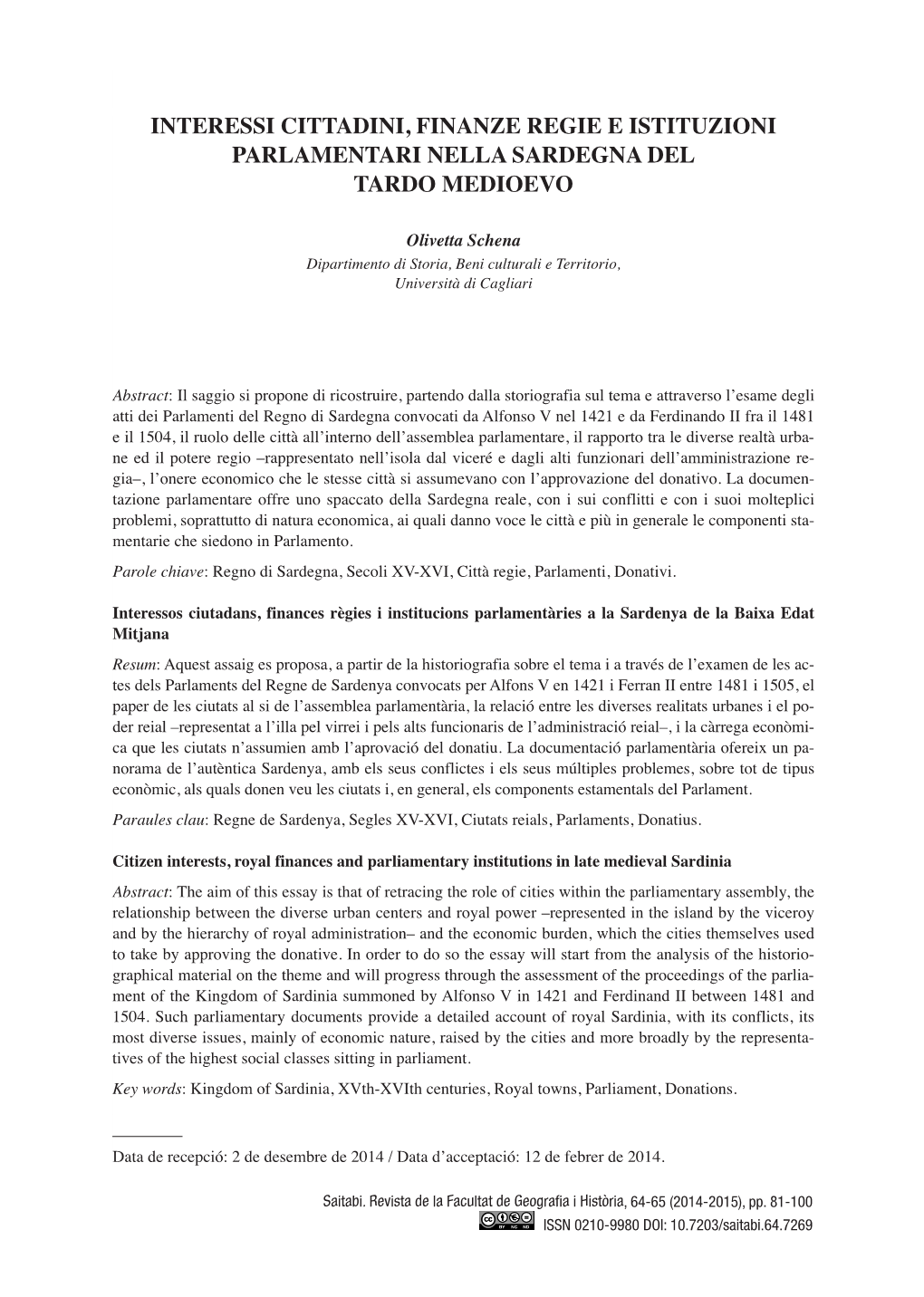 Interessi Cittadini, Finanze Regie E Istituzioni Parlamentari Nella Sardegna Del Tardo Medioevo