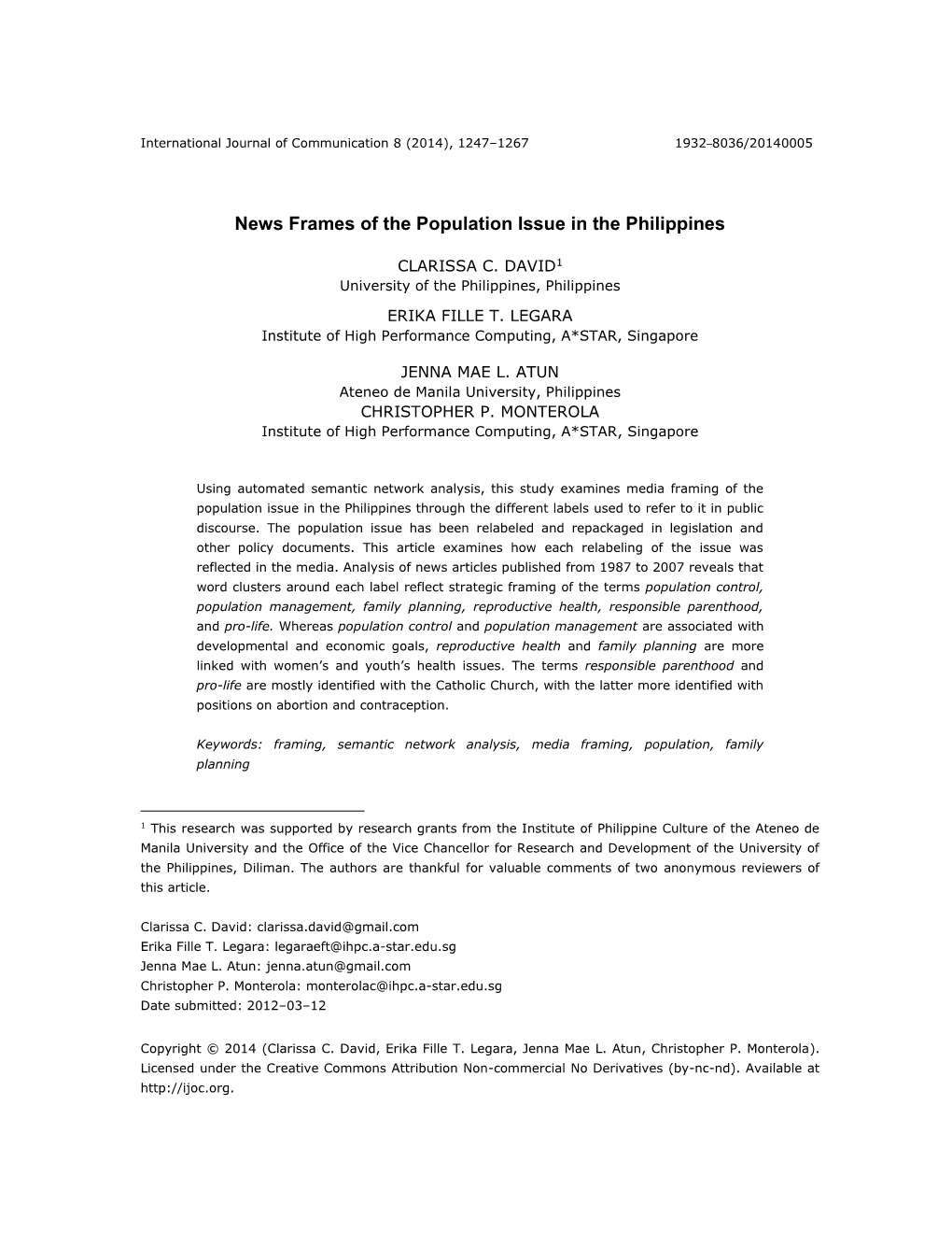 News Frames of the Population Issue in the Philippines