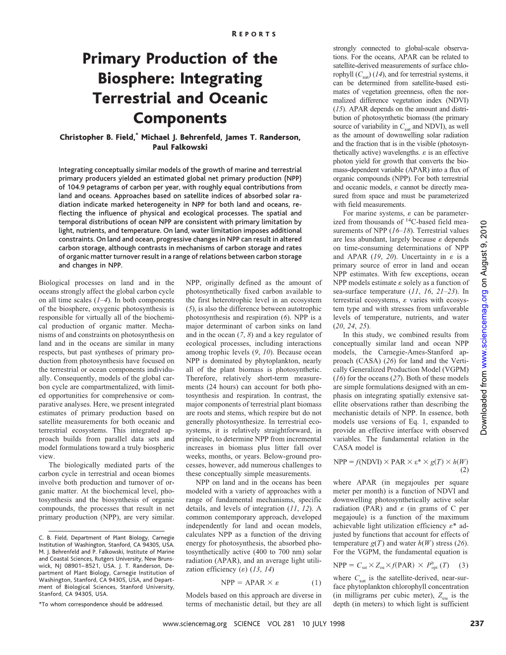 Primary Production of the Biosphere: Integrating Terrestrial and Oceanic