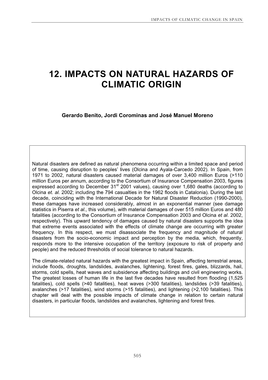 12. Impacts on Natural Hazards of Climatic Origin