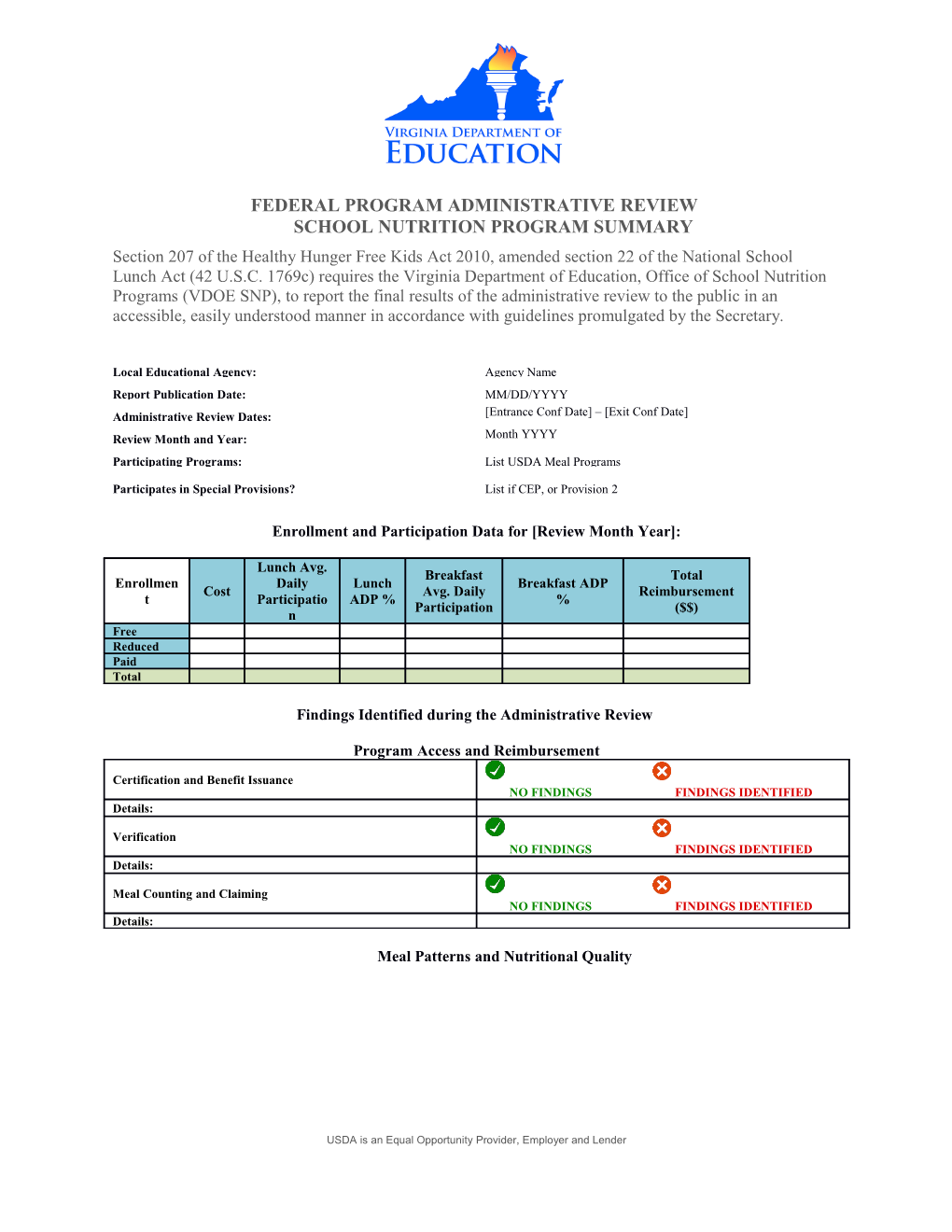 Federal Program Administrative Review School Nutrition Program Summary