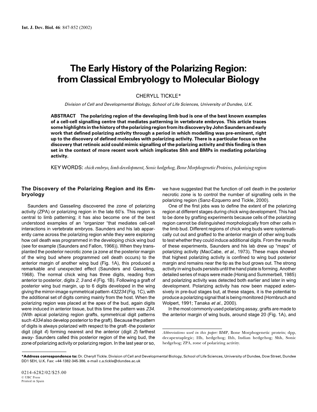 The Early History of the Polarizing Region: from Classical Embryology to Molecular Biology