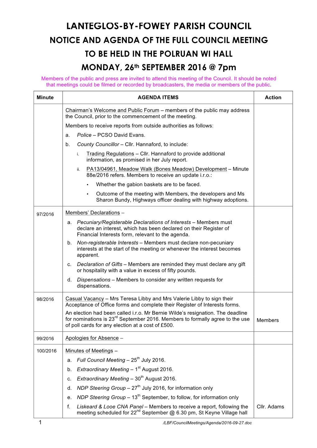 Lanteglos-By-Fowey Parish Council Notice and Agenda