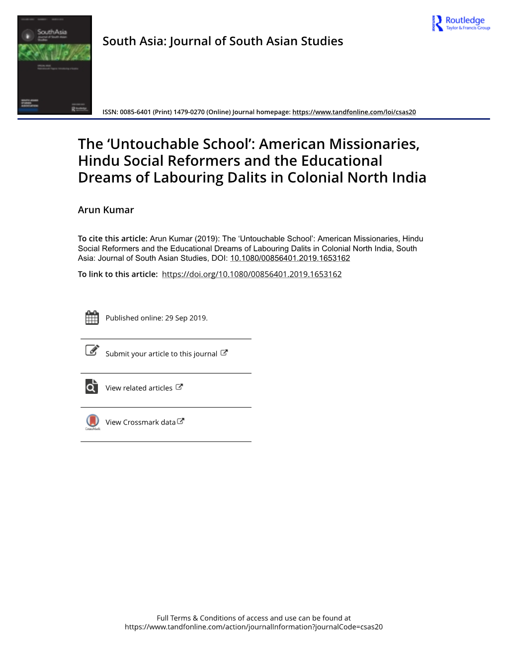 American Missionaries, Hindu Social Reformers and the Educational Dreams of Labouring Dalits in Colonial North India