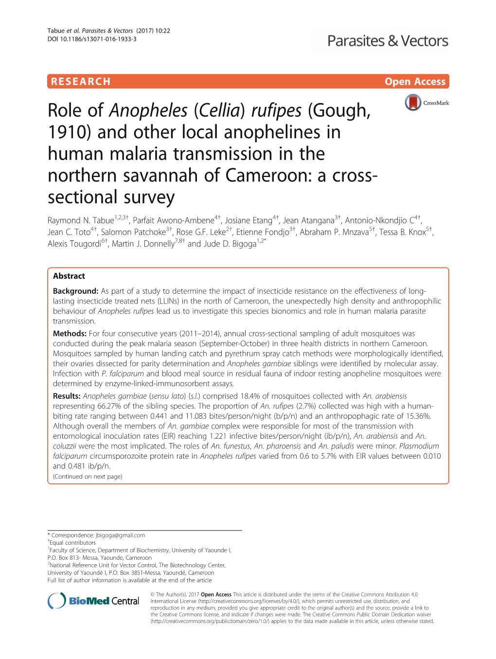 Role of Anopheles (Cellia) Rufipes (Gough, 1910)