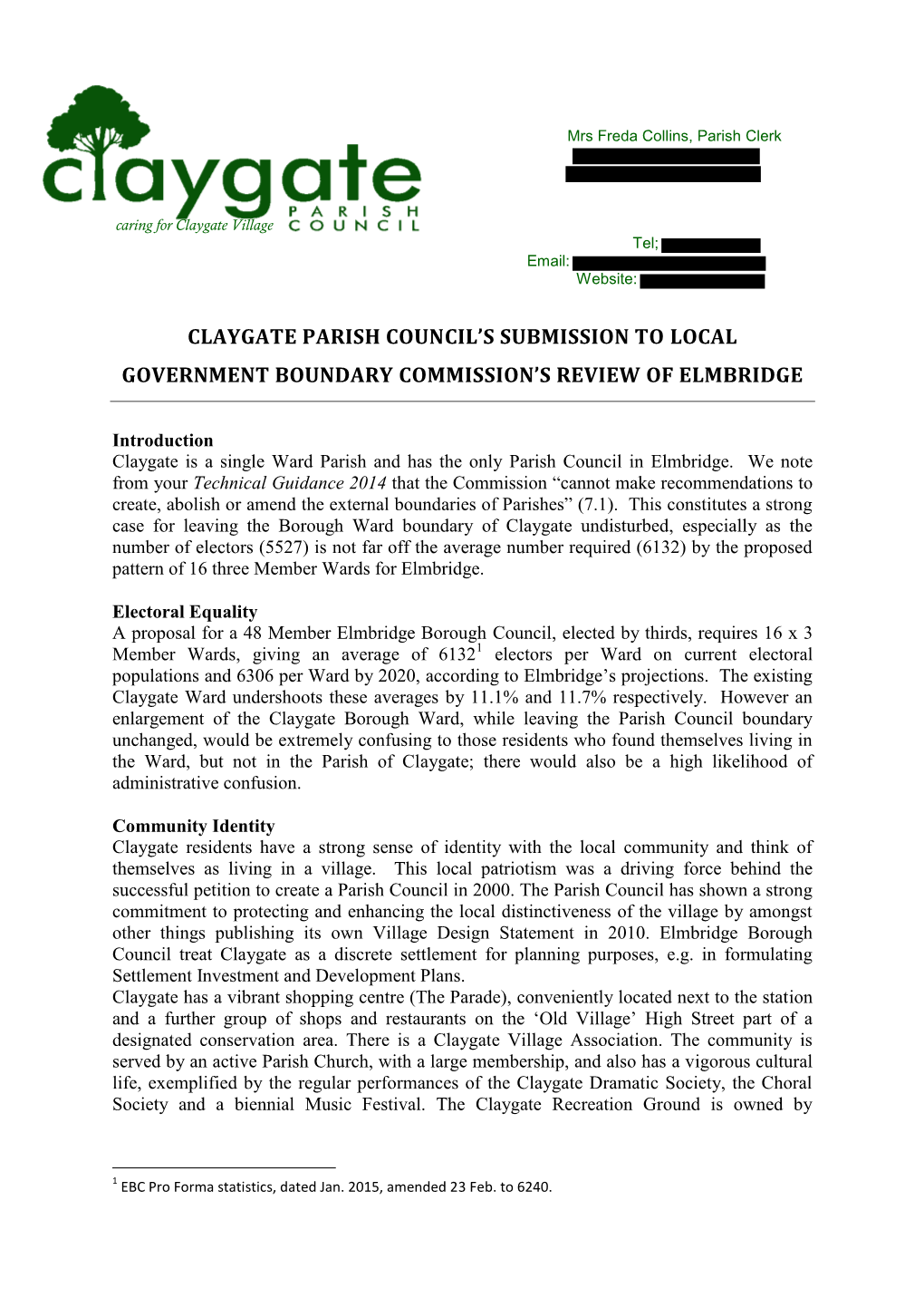 Claygate Parish Council’S Submission to Local Government Boundary Commission’S Review of Elmbridge