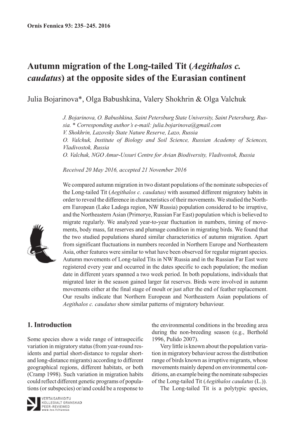 Autumn Migration of the Long-Tailed Tit (Aegithalos C. Caudatus) at the Opposite Sides of the Eurasian Continent