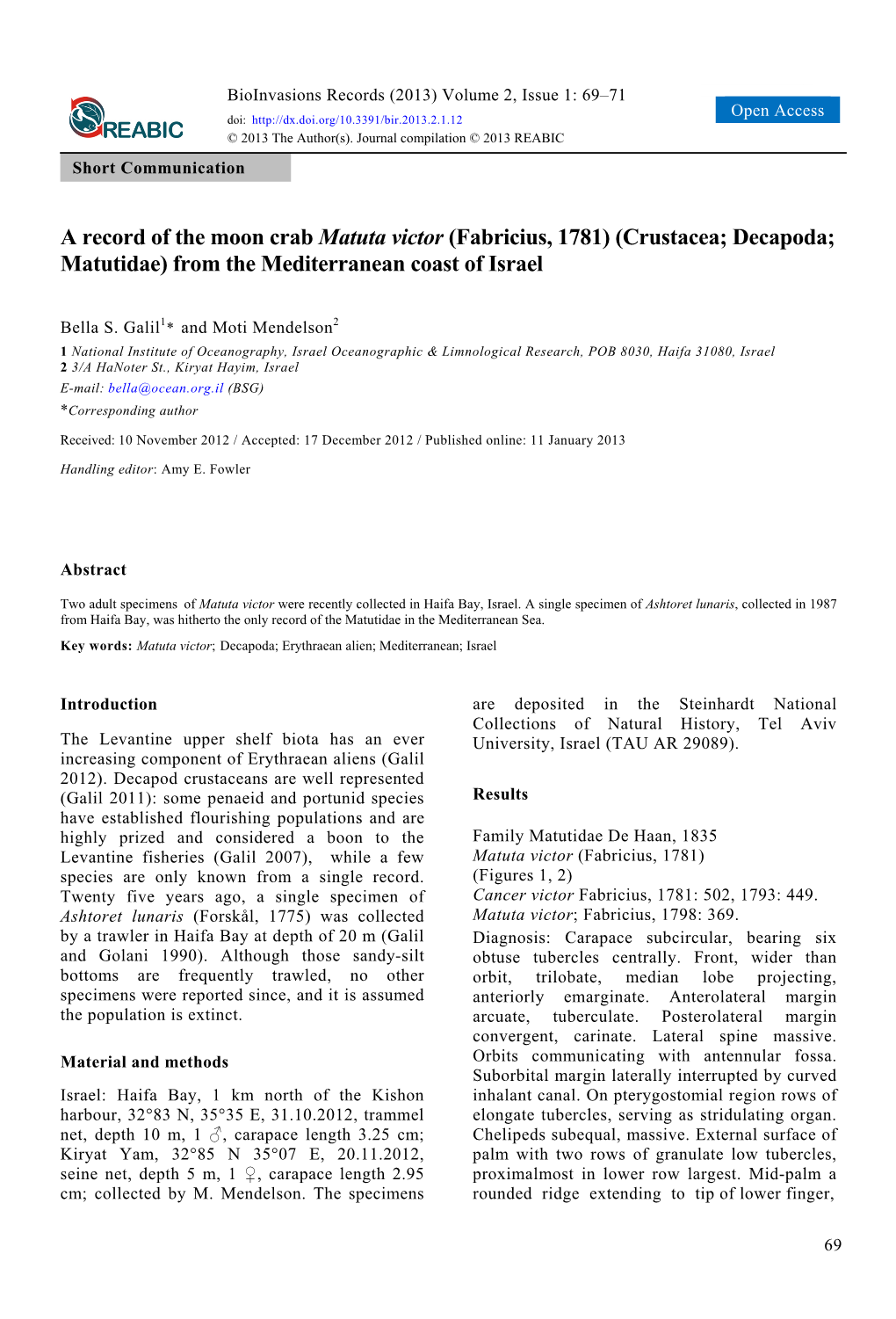 A Record of the Moon Crab Matuta Victor (Fabricius, 1781) (Crustacea; Decapoda; Matutidae) from the Mediterranean Coast of Israel