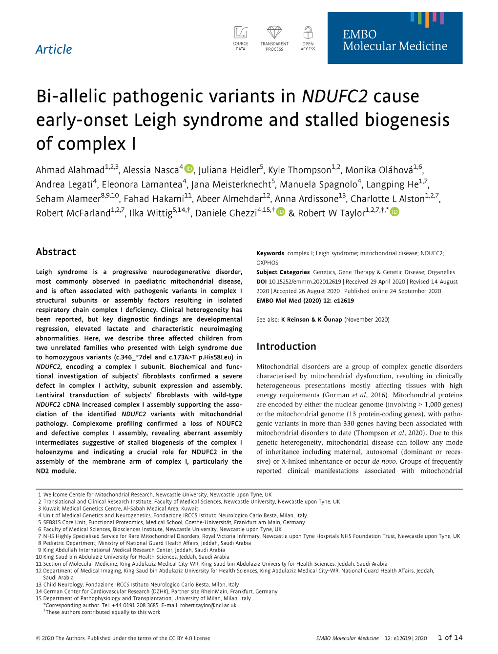 Bi‐Allelic Pathogenic Variants in NDUFC2 Cause Early‐Onset Leigh