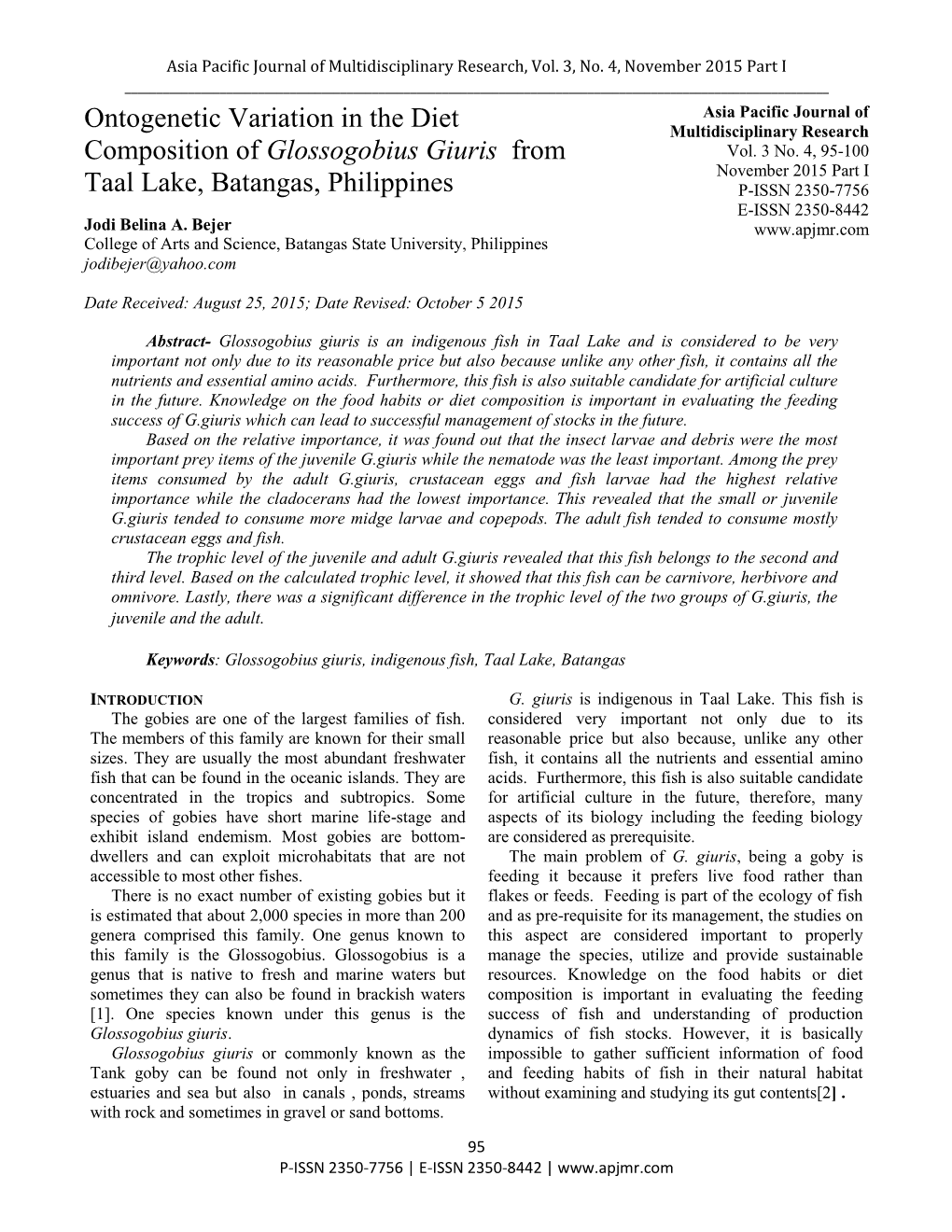 Ontogenetic Variation in the Diet Composition of Glossogobius Giuris