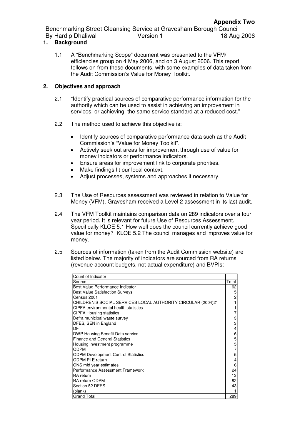 Appendix Two Benchmarking Street Cleansing Service at Gravesham Borough Council by Hardip Dhaliwal Version 1 18 Aug 2006 1