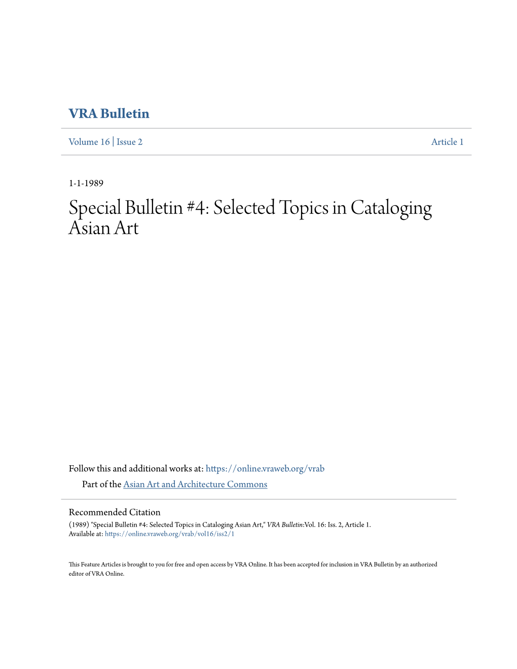 Selected Topics in Cataloging Asian Art