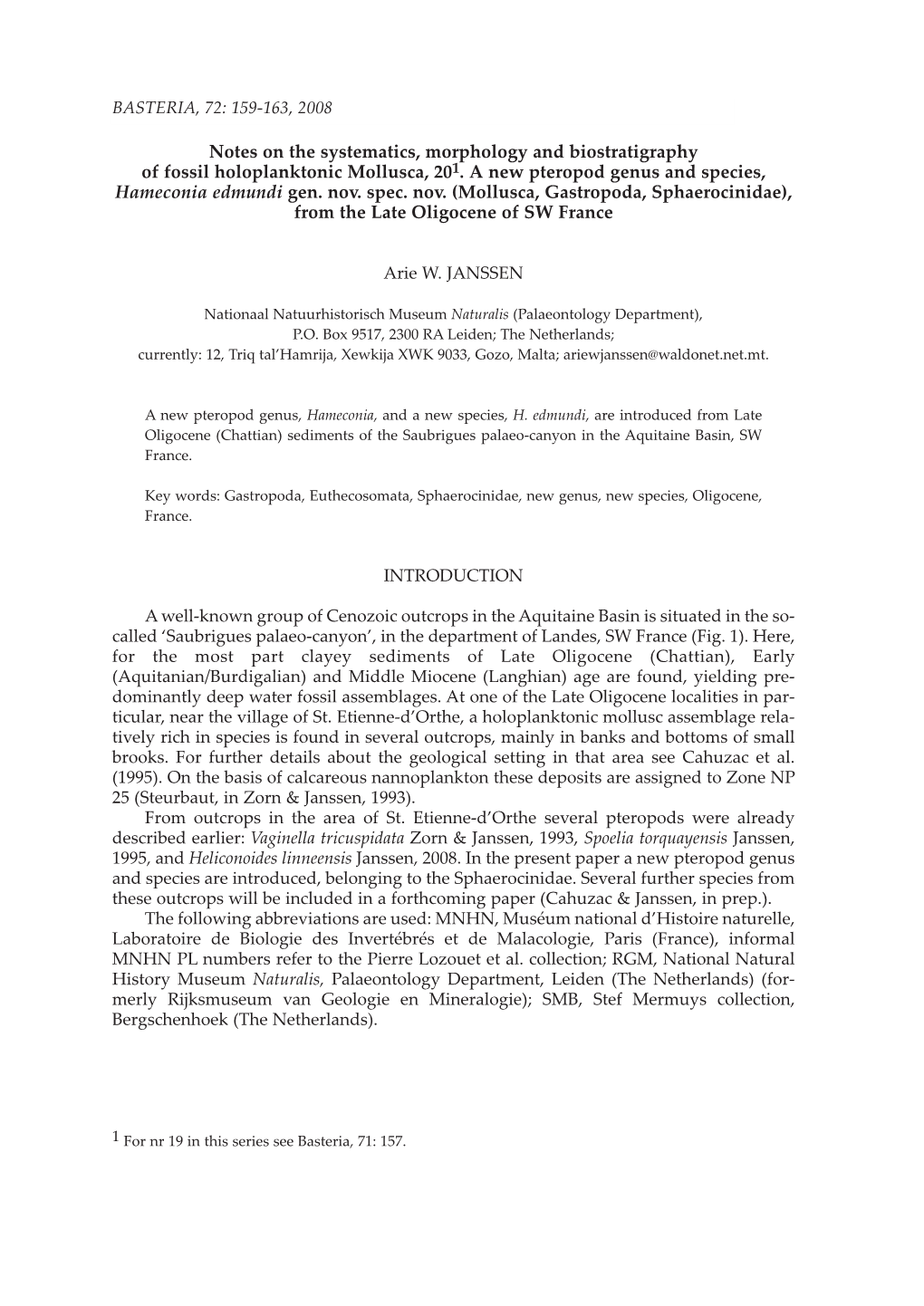 Notes on the Systematics, Morphology and Biostratigraphy of Fossil Holoplanktonic Mollusca, 201