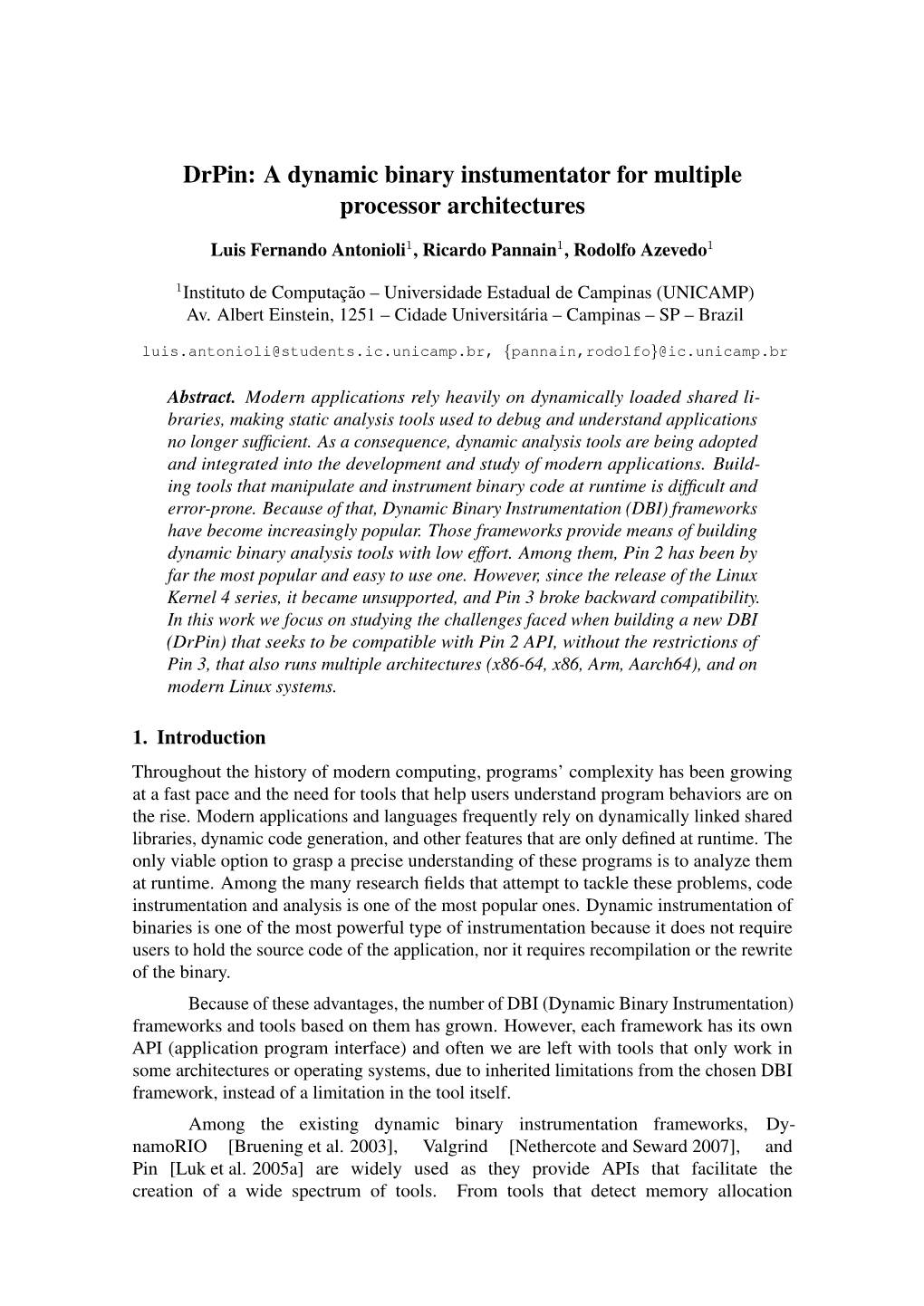 Drpin: a Dynamic Binary Instumentator for Multiple Processor Architectures