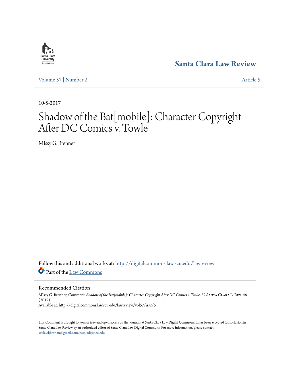 Character Copyright After DC Comics V. Towle Missy G