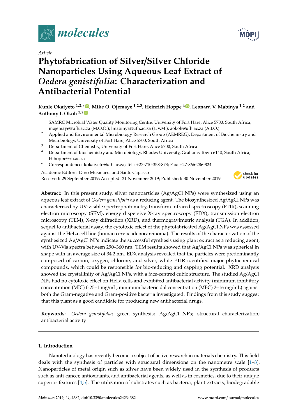 Phytofabrication of Silver/Silver Chloride Nanoparticles Using Aqueous Leaf Extract of Oedera Genistifolia: Characterization and Antibacterial Potential