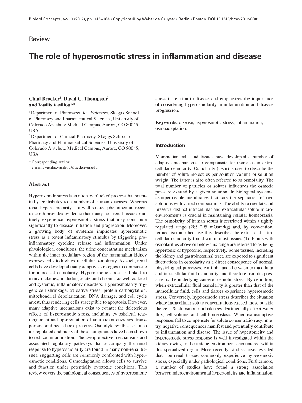 The Role of Hyperosmotic Stress in Inflammation and Disease