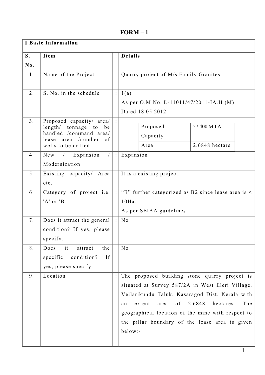 FORM – 1 I Basic Information