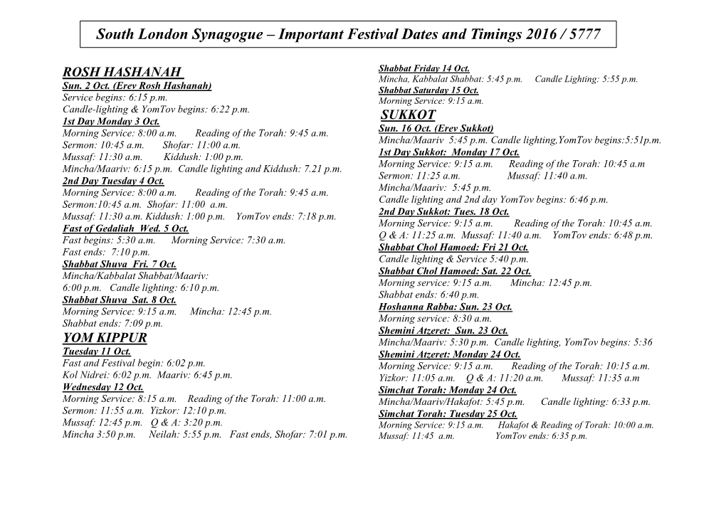 South London Synagogue – Important Festival Dates and Timings 2016 / 5777