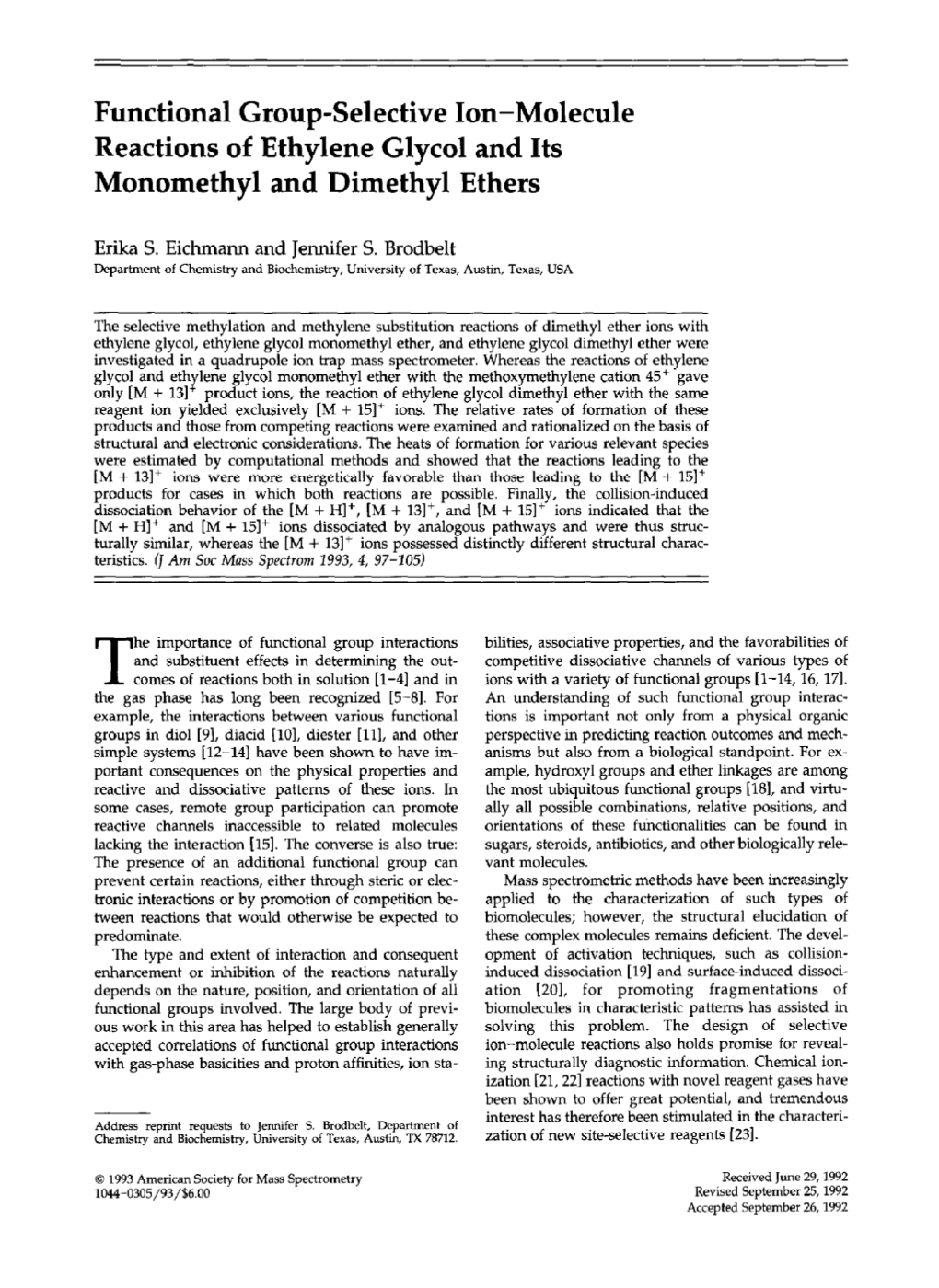 Functional Group-Selective Ion-Molecule Reactions of Ethylene Glycol and Its Monomethyl and Dimethyl Ethers