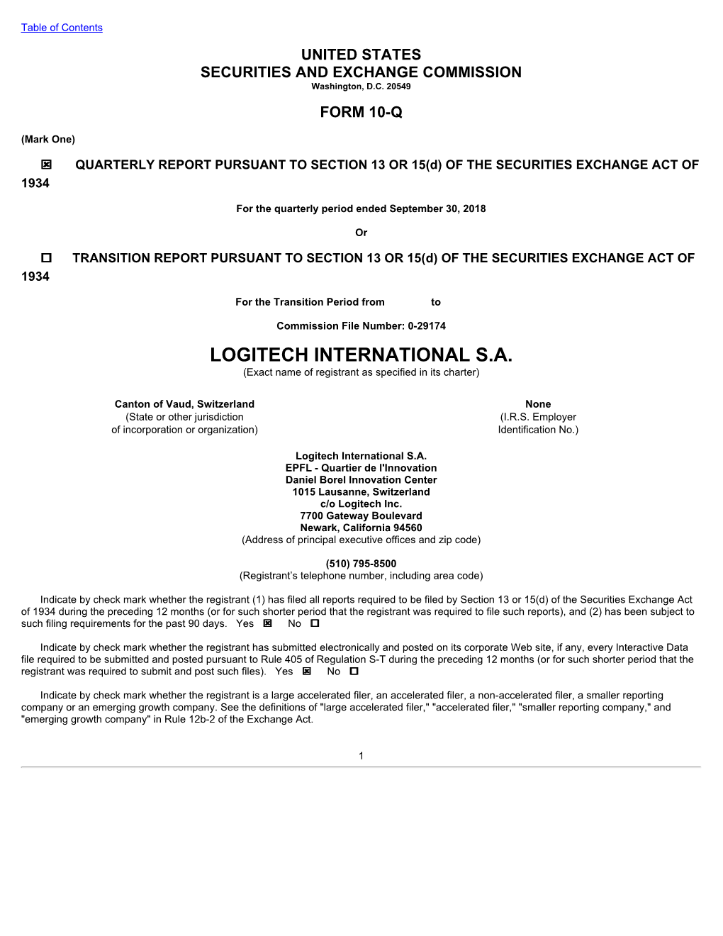 LOGITECH INTERNATIONAL S.A. (Exact Name of Registrant As Specified in Its Charter)