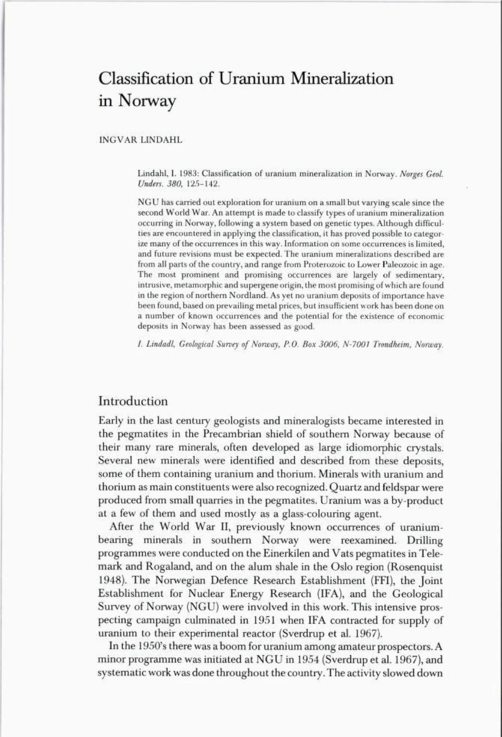 Classification of Uranium Mineralization in Norway