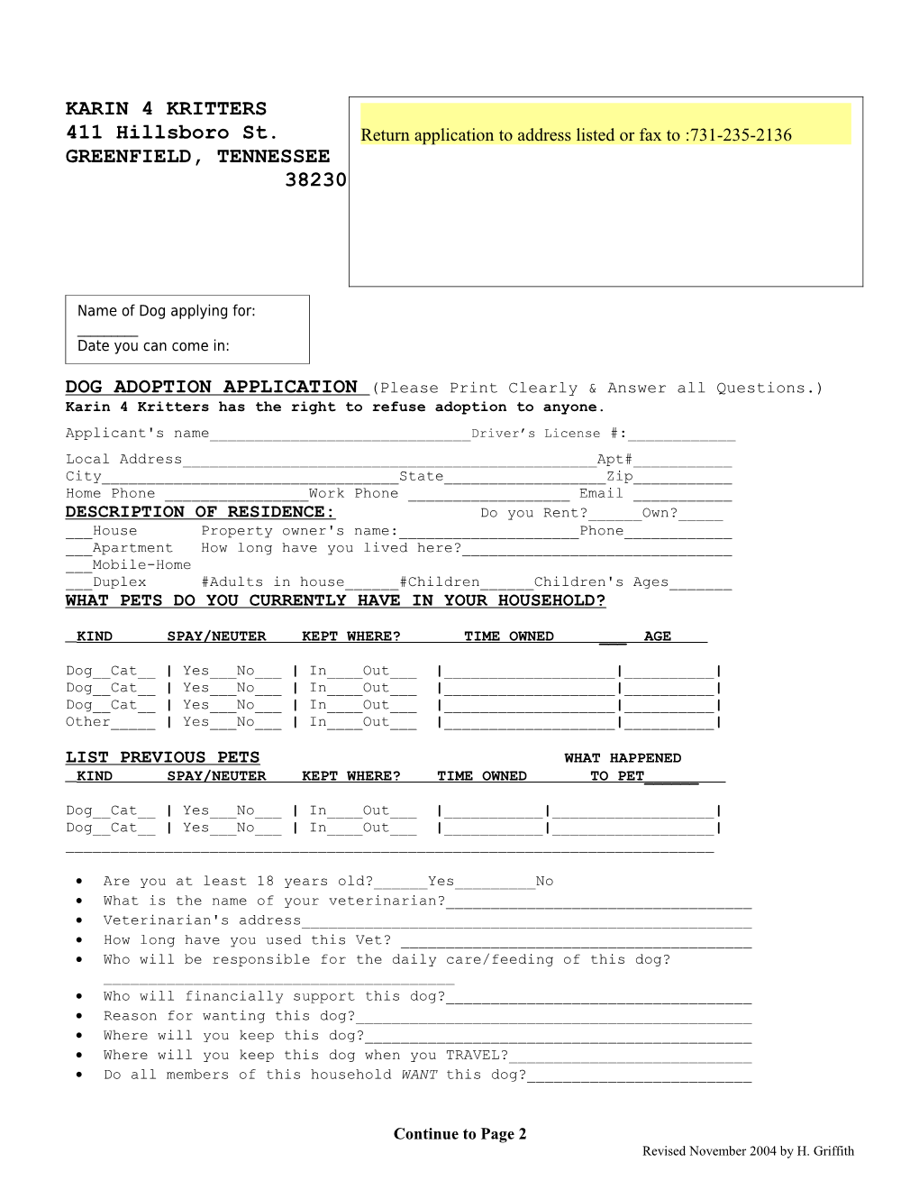 Printable Dog Adoption Form