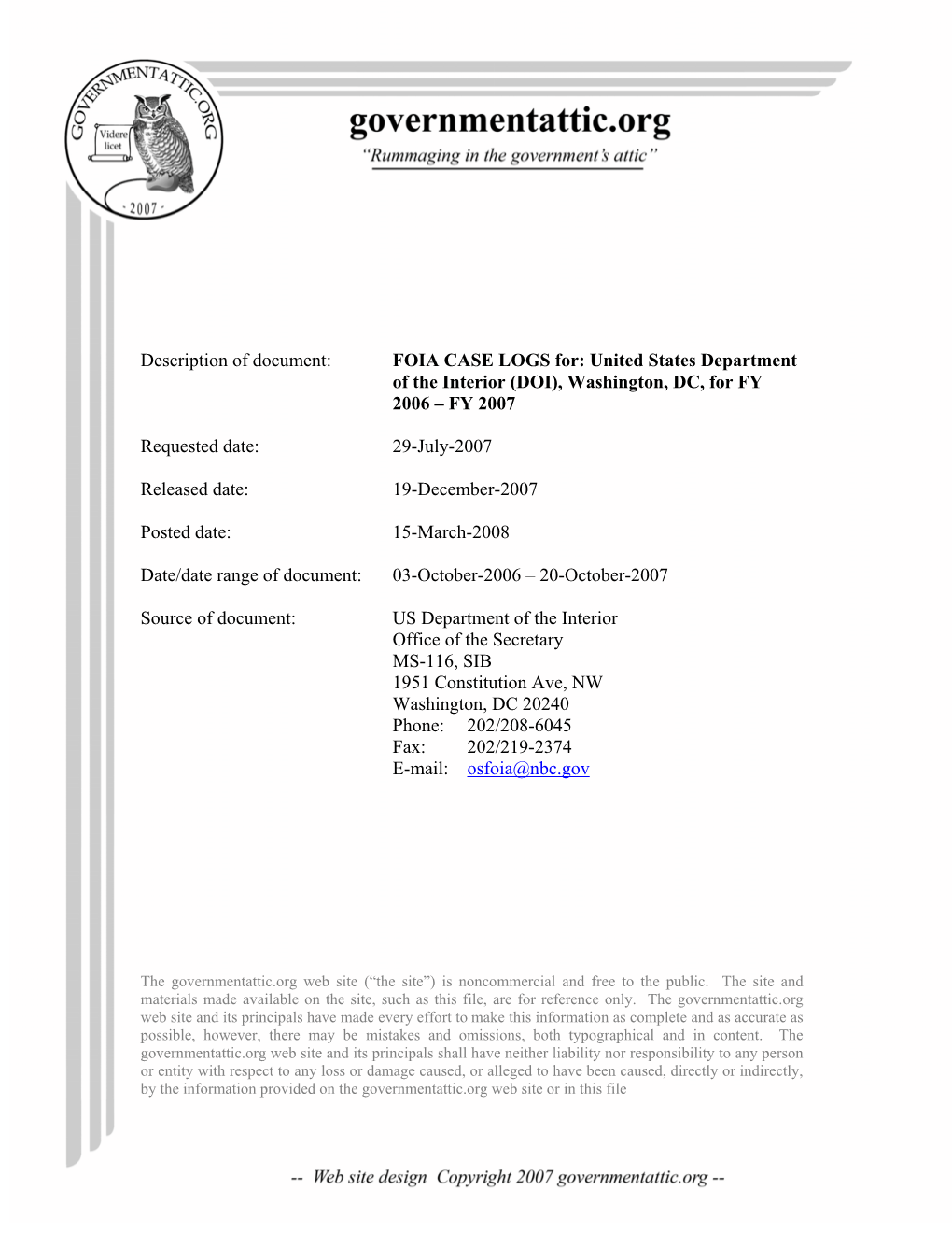 FOIA Logs for the United States Department of the Interior (DOI)