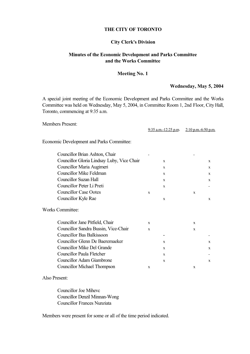 THE CITY of TORONTO City Clerk's Division Minutes of the Economic