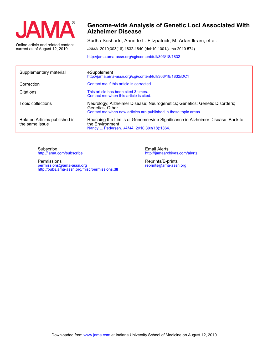 Alzheimer Disease Genome-Wide Analysis of Genetic Loci