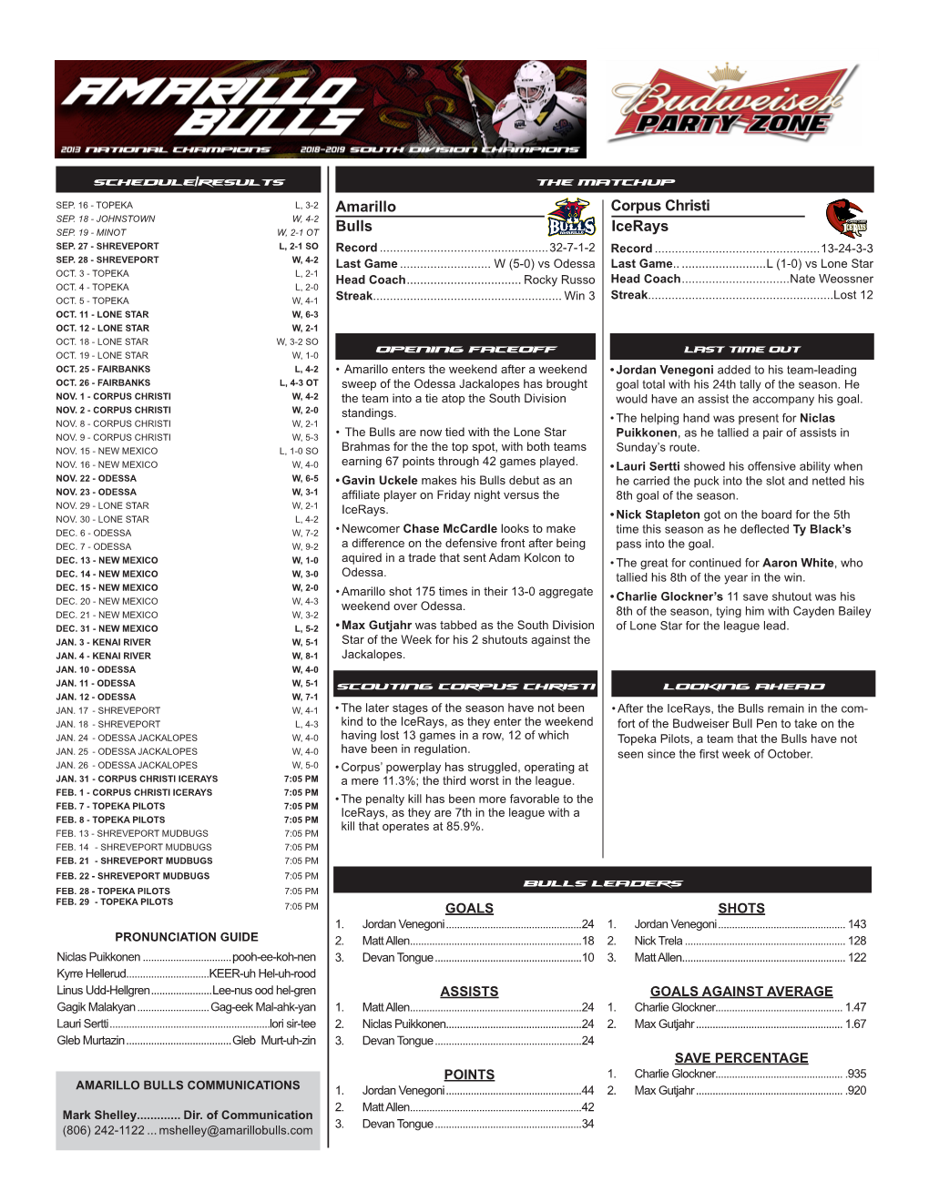 Schedule/Results the Matchup Opening Faceoff