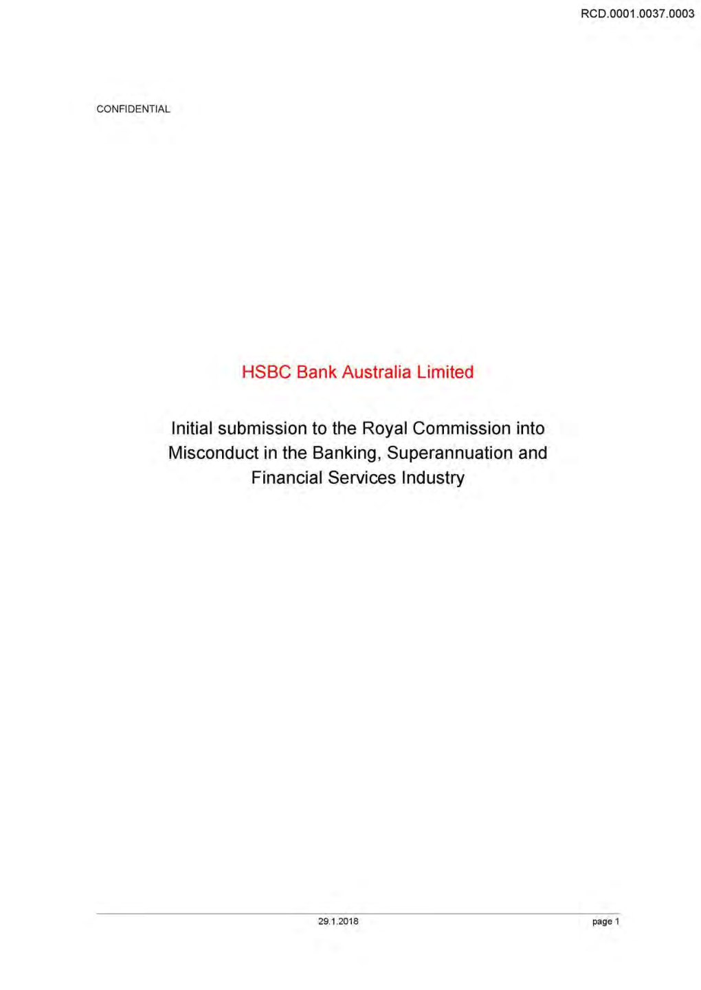 HSBC Bank Australia Limited Initial Submission to the Royal