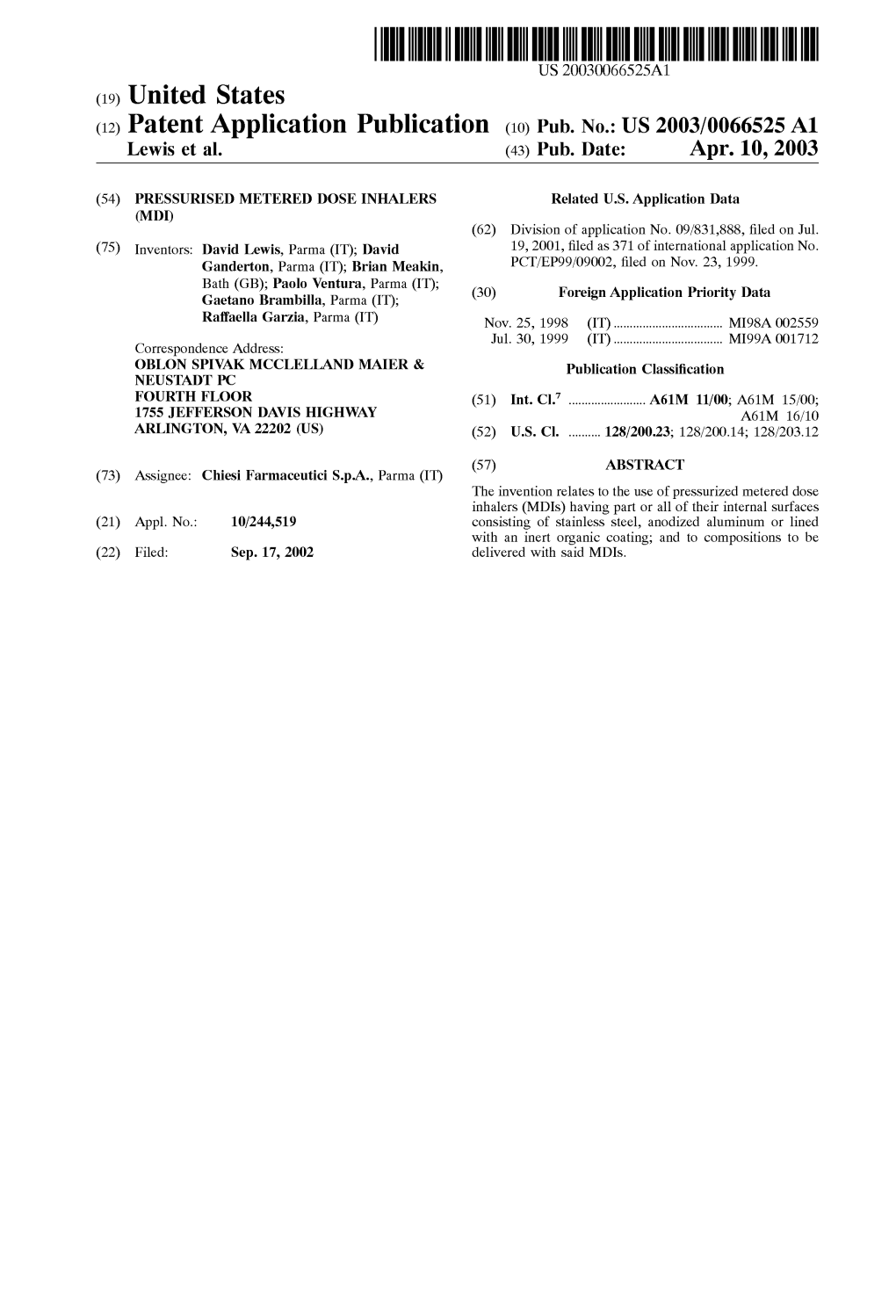 (12) Patent Application Publication (10) Pub. No.: US 2003/0066525A1 Lewis Et Al