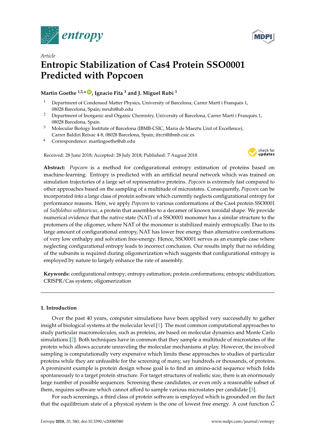 Entropic Stabilization of Cas4 Protein SSO0001 Predicted with Popcoen