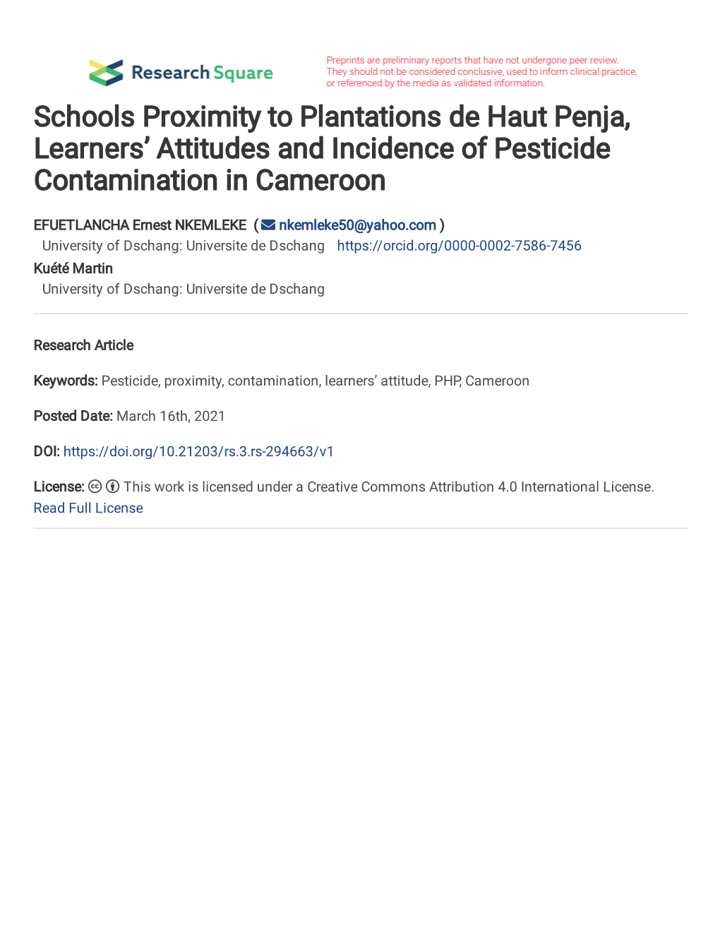 Schools Proximity to Plantations De Haut Penja, Learners' Attitudes and Incidence of Pesticide Contamination in Cameroon