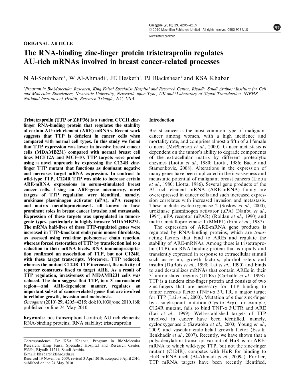 The RNA-Binding Zinc-Finger Protein Tristetraprolin Regulates AU-Rich Mrnas Involved in Breast Cancer-Related Processes