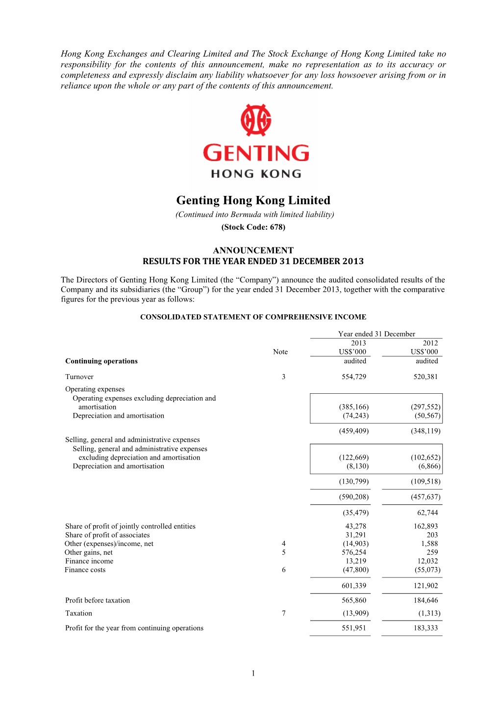 Results Announcement for the Year Ended 31 December 2013