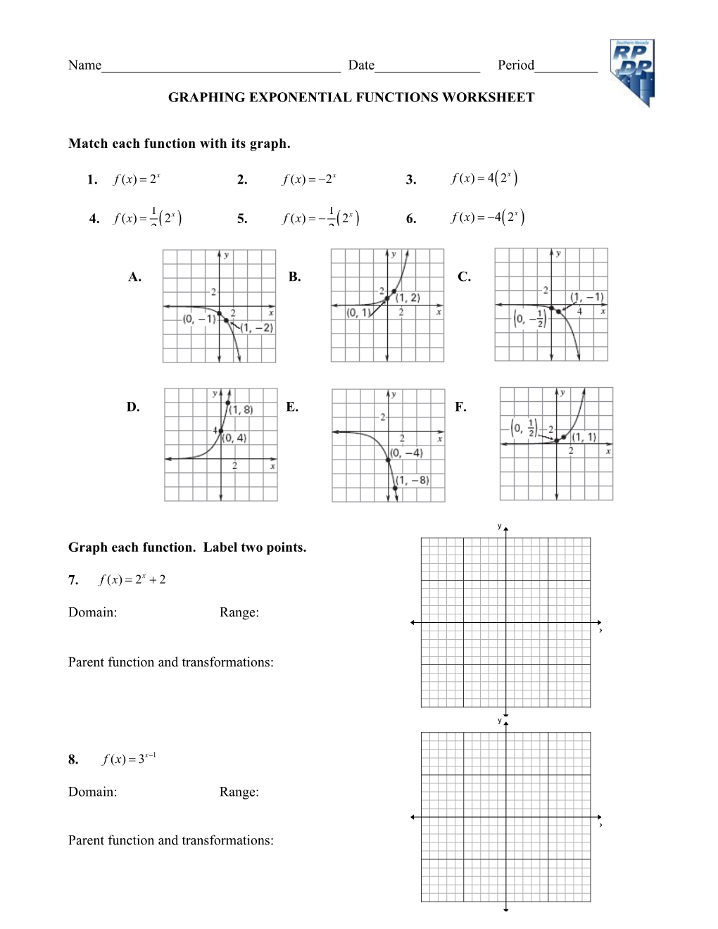 Graphing Exponential Functions Worksheet