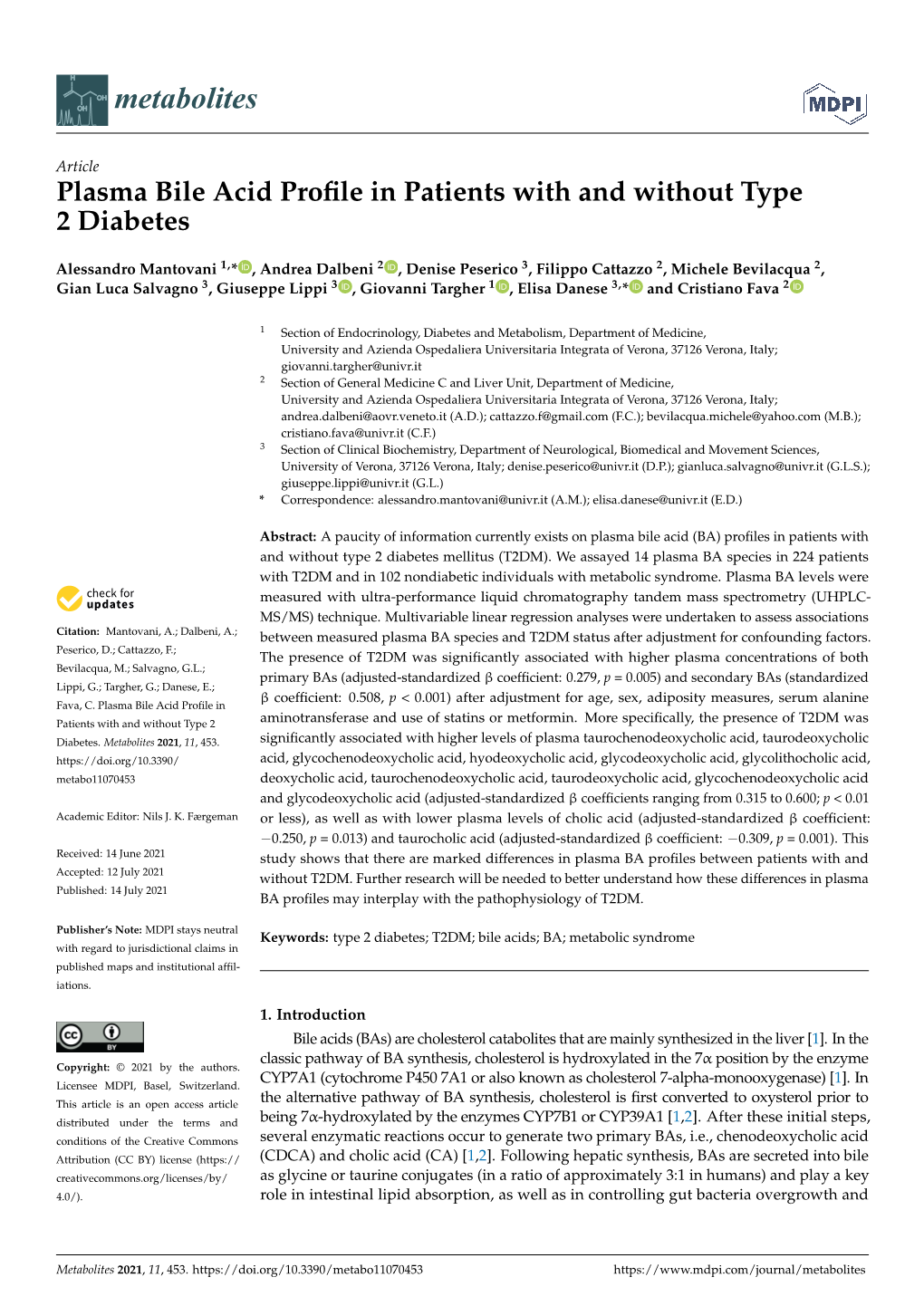 Plasma Bile Acid Profile in Patients with and Without Type 2 Diabetes