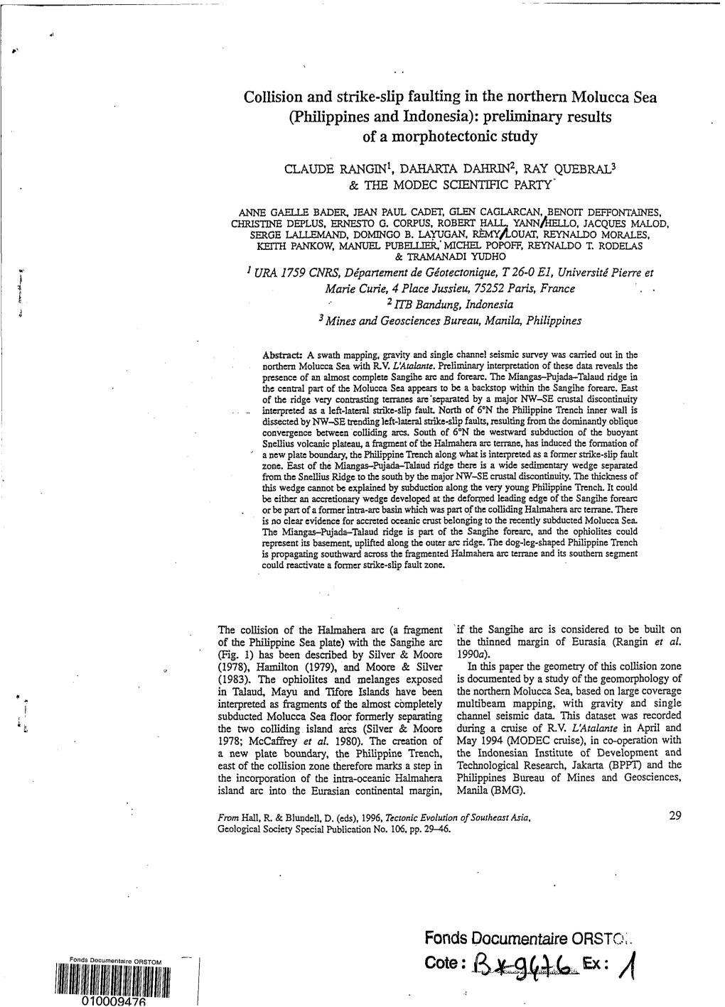 Collision and Strike-Slip Faulting in the Northern Molucca Sea (Philippines and Indonesia): Preliminary Results of a Morphotectonic Study