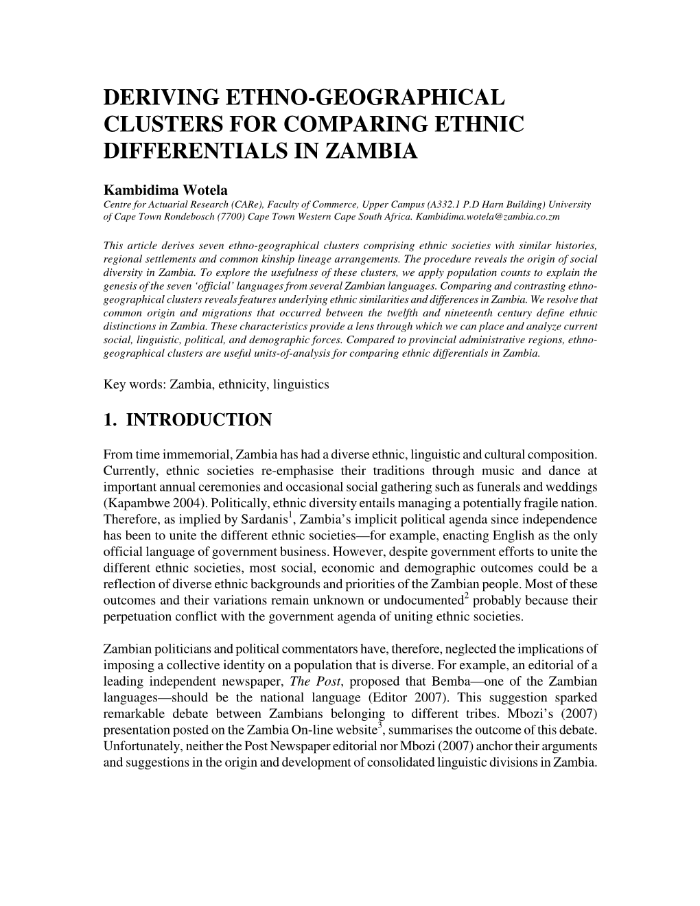 Deriving Ethno-Geographical Clusters for Comparing Ethnic Differentials in Zambia