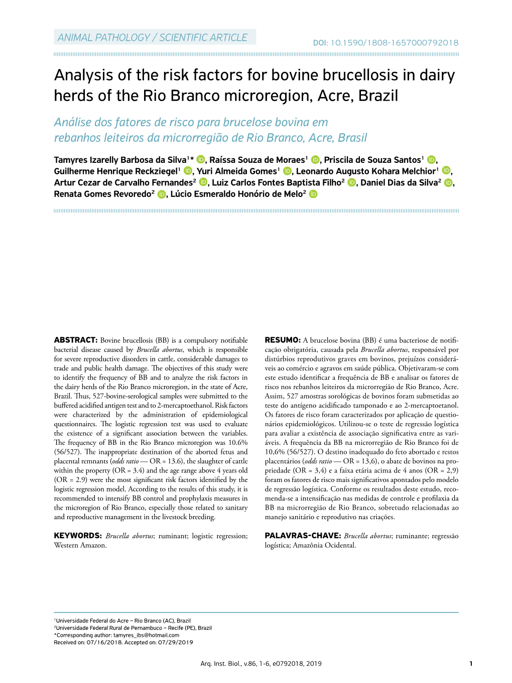 Analysis of the Risk Factors for Bovine Brucellosis in Dairy Herds of the Rio