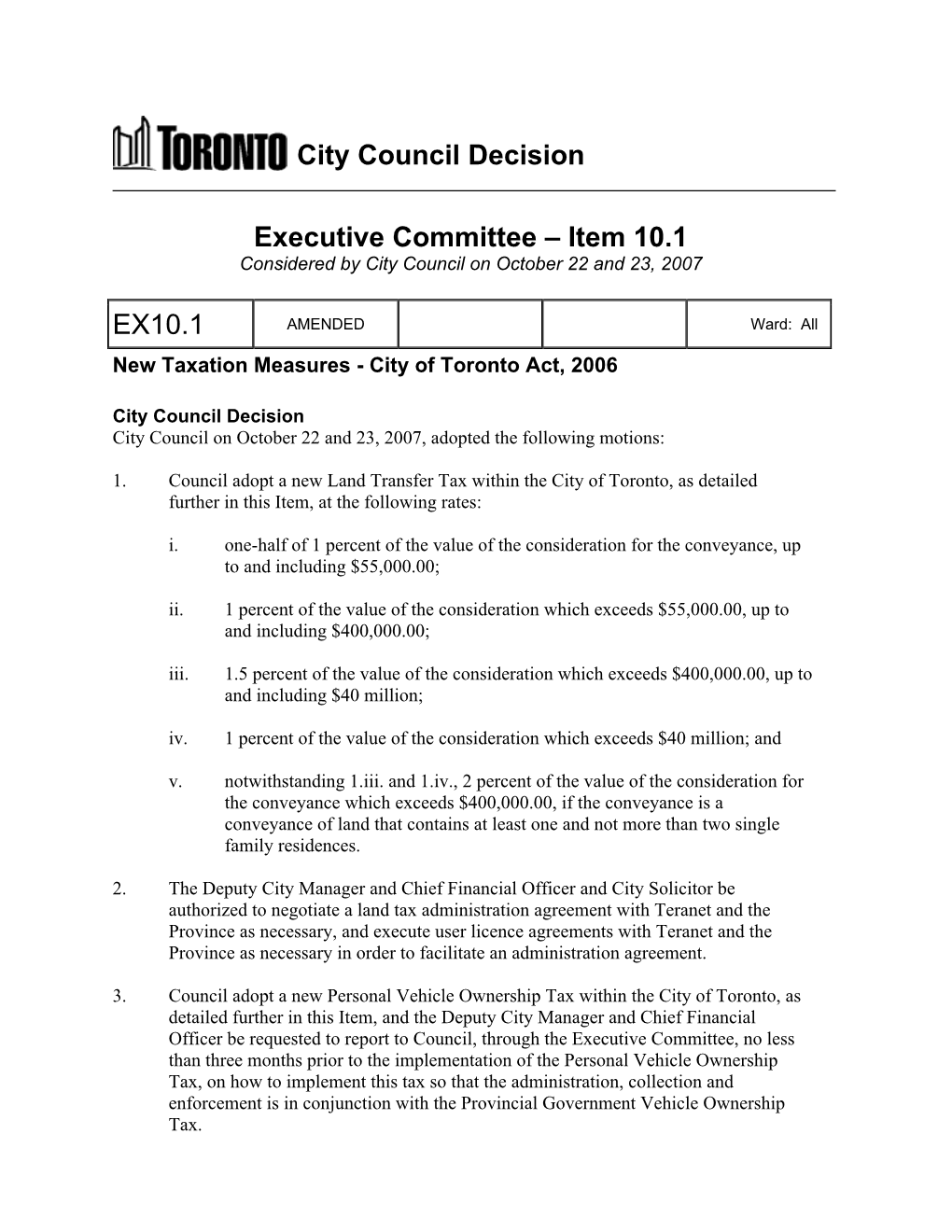 City Council Decision Executive Committee – Item 10.1 EX10.1