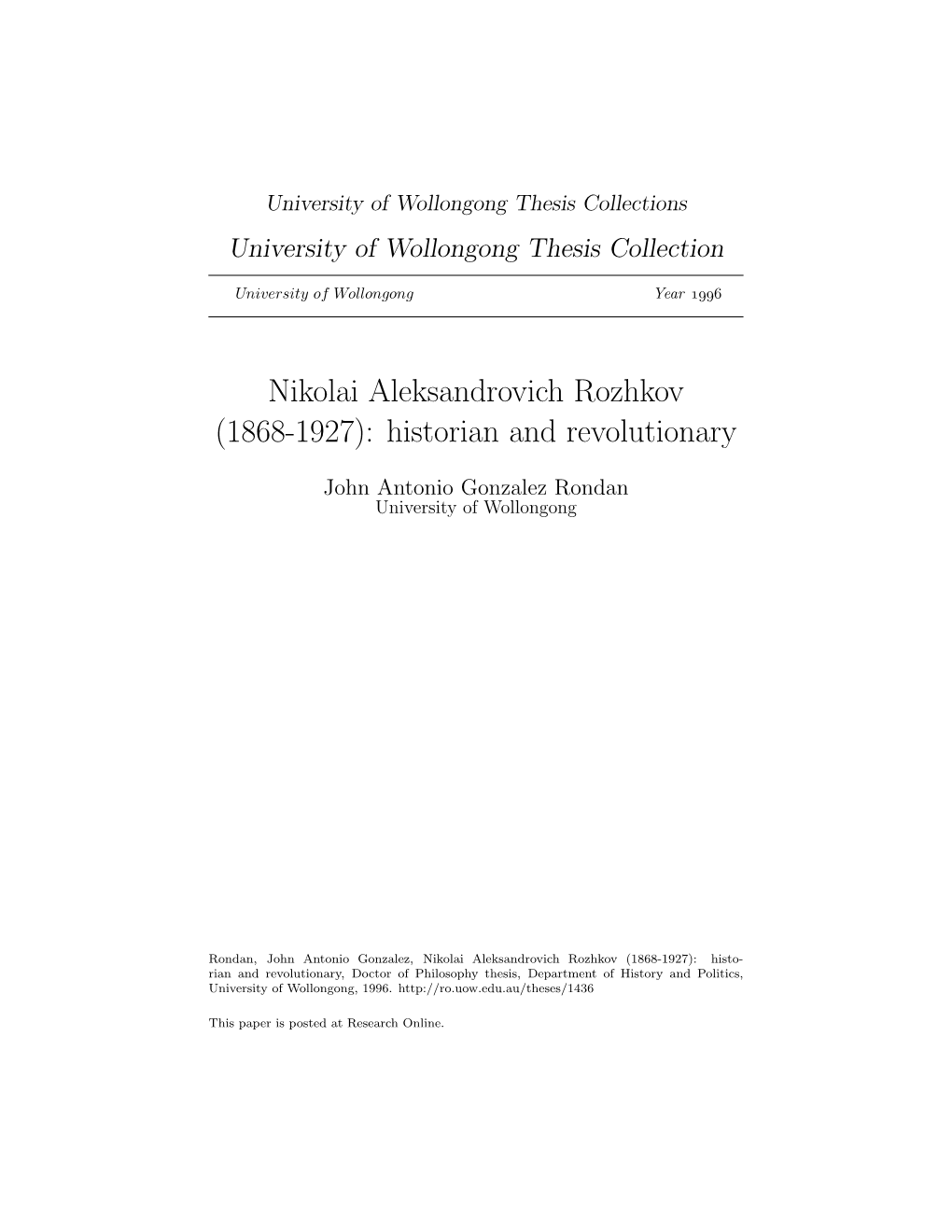 Nikolai Aleksandrovich Rozhkov (1868-1927): Historian and Revolutionary