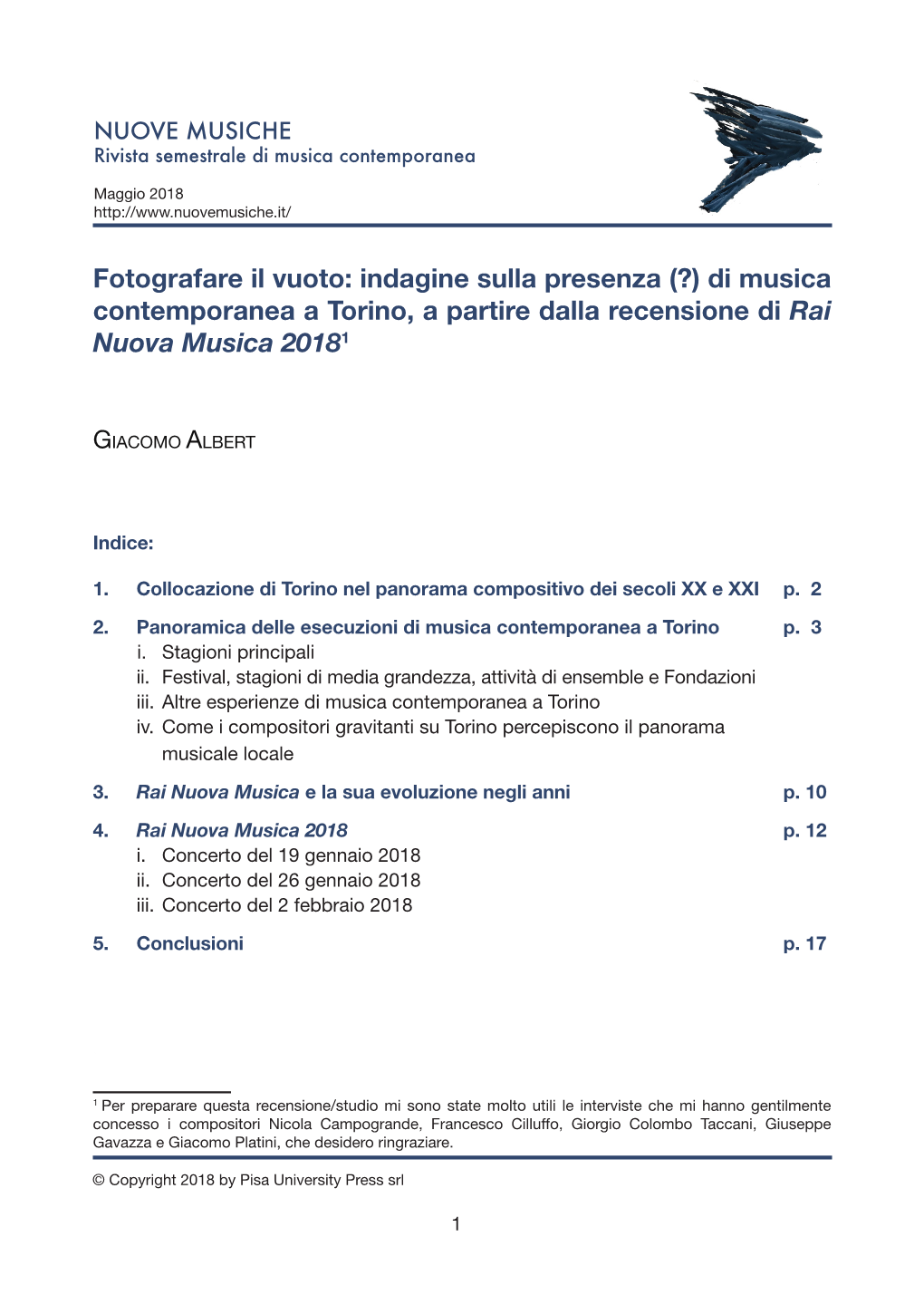 Indagine Sulla Presenza (?) Di Musica Contemporanea a Torino, a Partire Dalla Recensione Di Rai Nuova Musica 20181