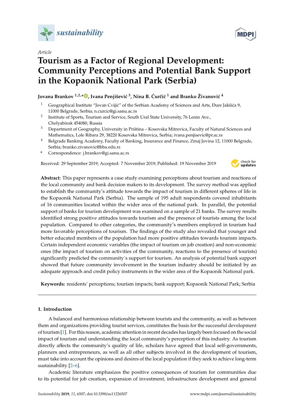 Tourism As a Factor of Regional Development: Community Perceptions and Potential Bank Support in the Kopaonik National Park (Serbia)