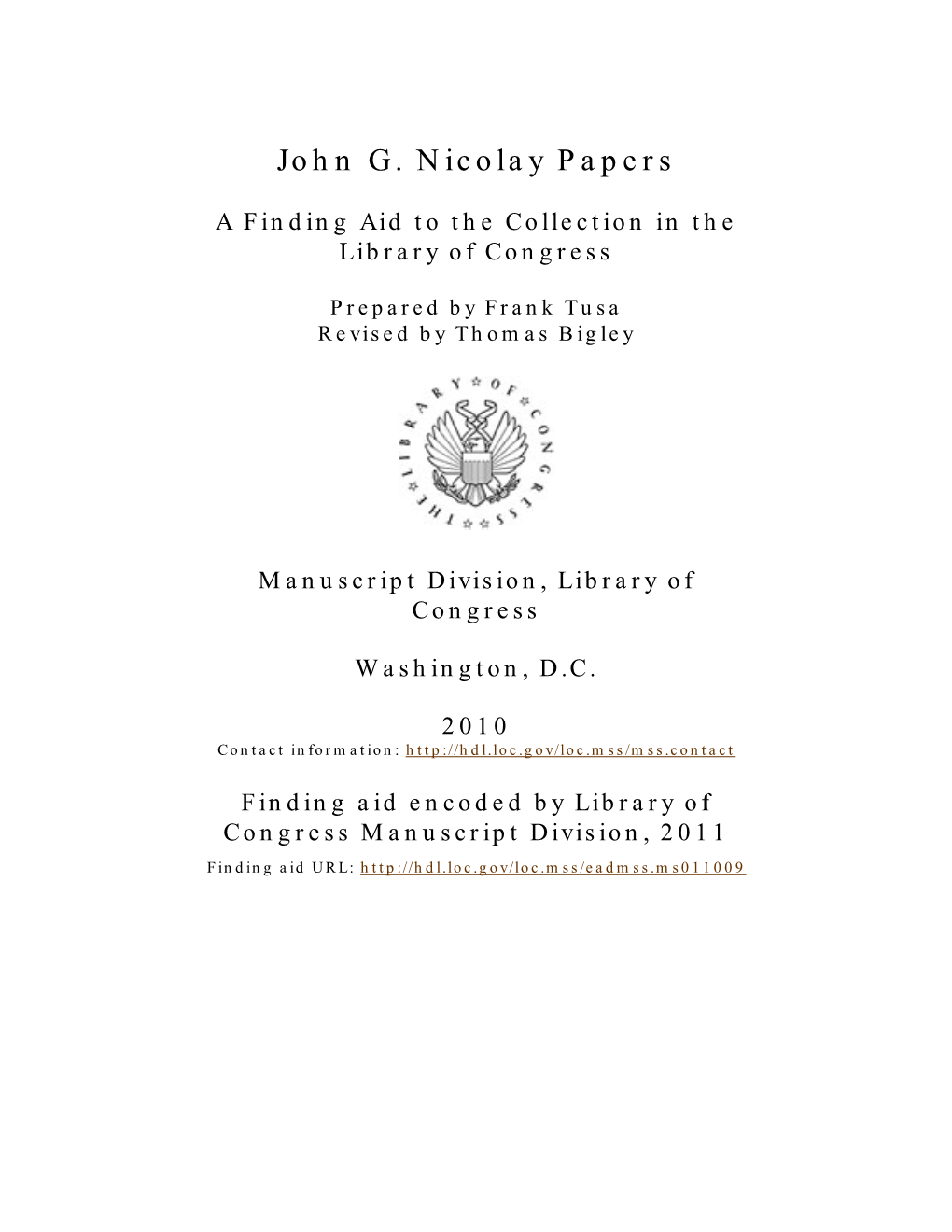 John G. Nicolay Papers [Finding Aid]. Library Of