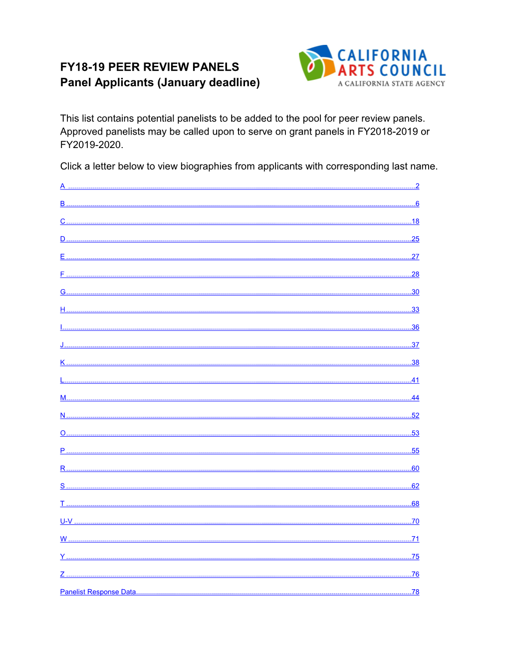 FY18-19 PEER REVIEW PANELS Panel Applicants (January Deadline)